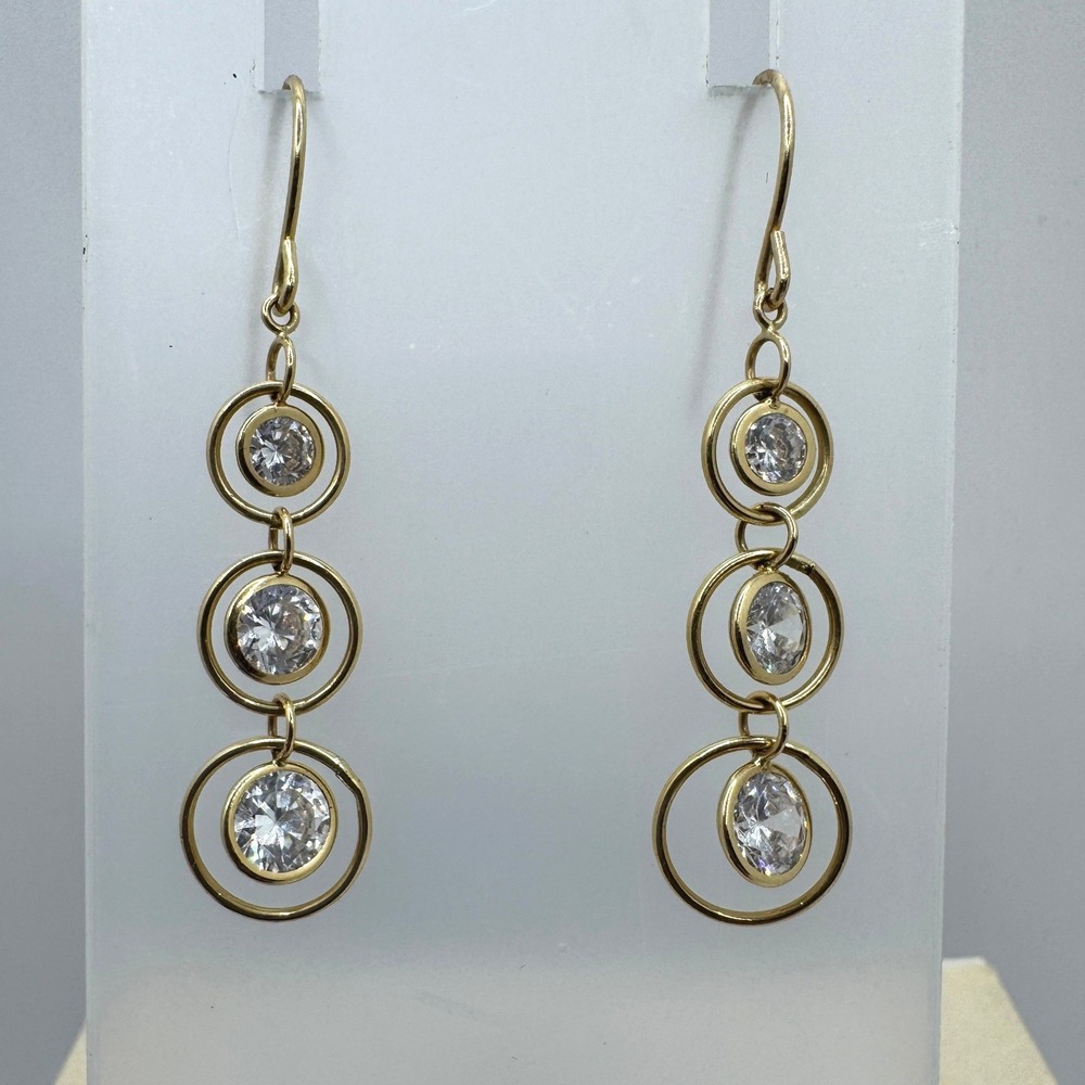 Gold Tone Graduated Triple Circle Crystal Drop Dangle Earrings 2 Inch